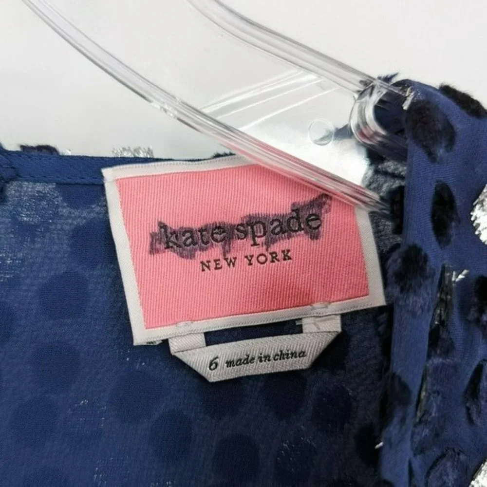 Kate Spade Scatter Dot Dress 6 Navy Silver Faux Wrap Ruffle Velvet Long Sleeve